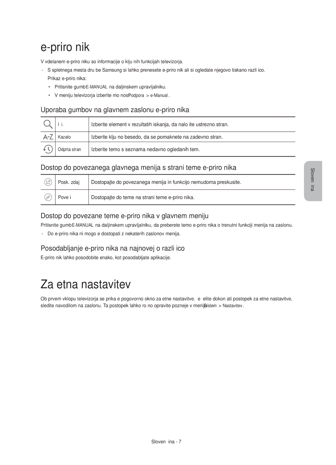 Samsung UE48J6370SUXZG, UE48J6300AWXXH manual Priročnik, Začetna nastavitev, Uporaba gumbov na glavnem zaslonu e-priročnika 