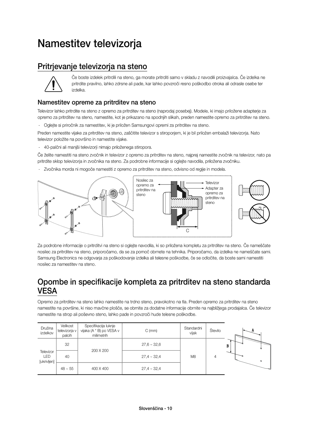 Samsung UE55J6300AWXZF Namestitev televizorja, Pritrjevanje televizorja na steno, Namestitev opreme za pritrditev na steno 