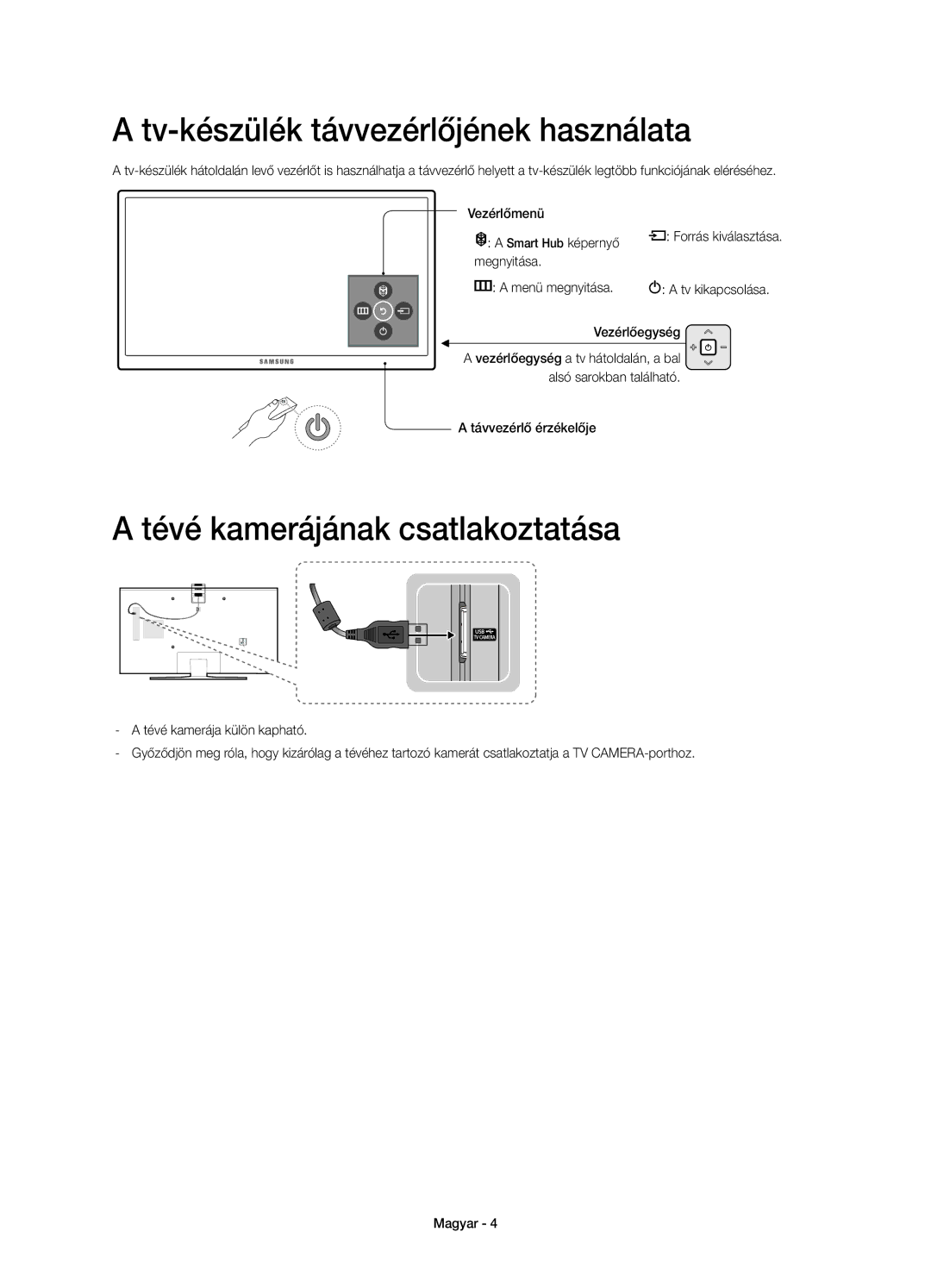 Samsung UE32J6302AKXXH, UE48J6300AWXXH manual Tv-készülék távvezérlőjének használata, Tévé kamerájának csatlakoztatása 