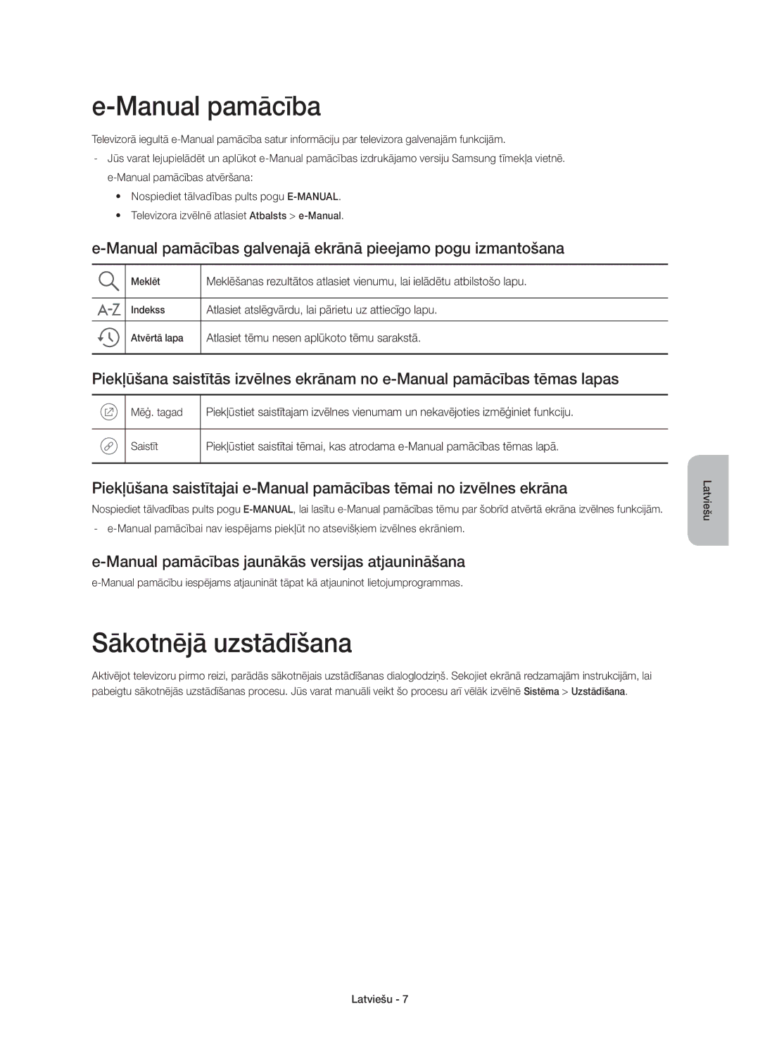 Samsung UE40J6370SUXXN manual Sākotnējā uzstādīšana, Manual pamācības galvenajā ekrānā pieejamo pogu izmantošana 