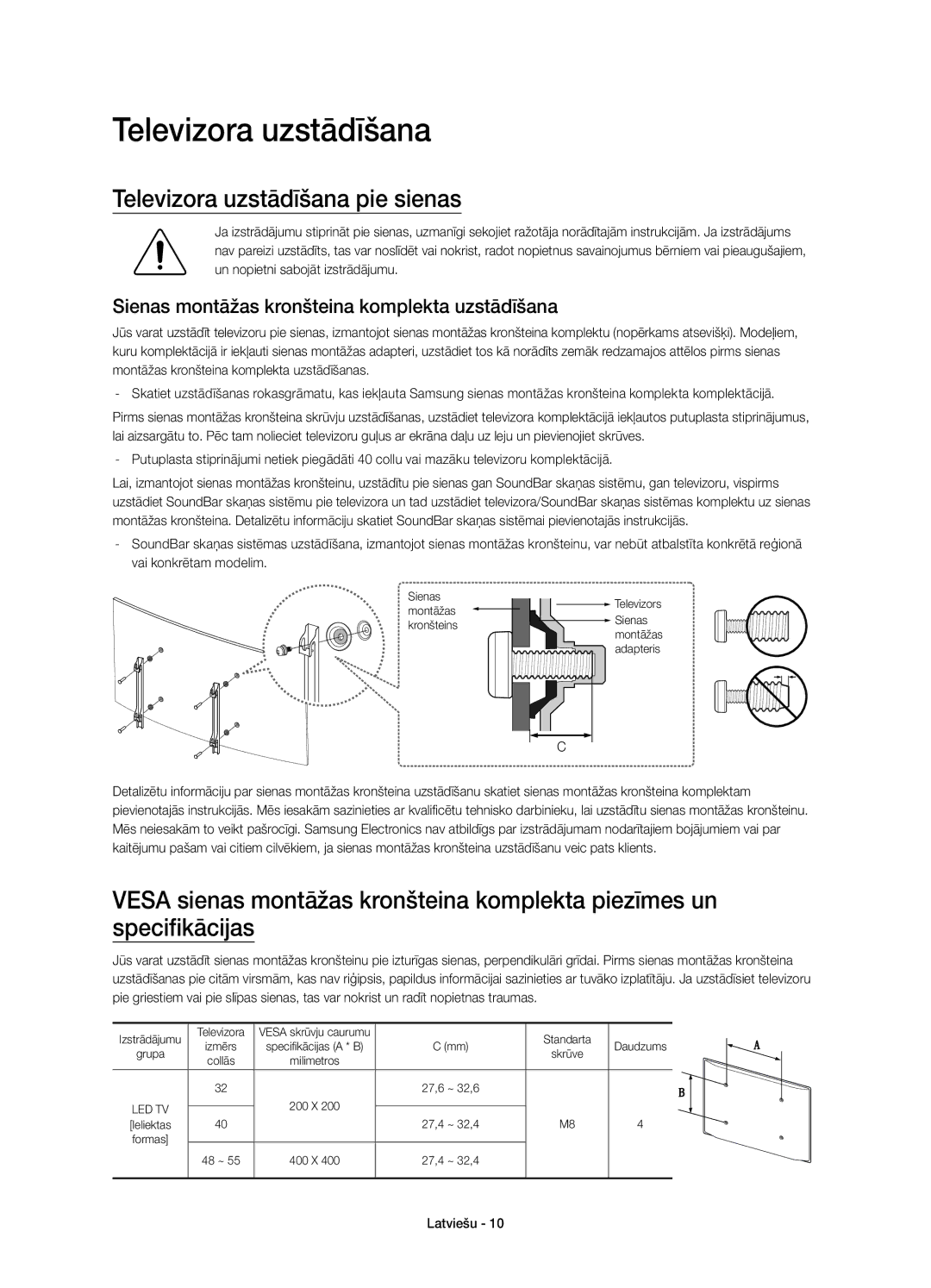 Samsung UE48J6300AWXXN manual Televizora uzstādīšana pie sienas, Sienas montāžas kronšteina komplekta uzstādīšana 