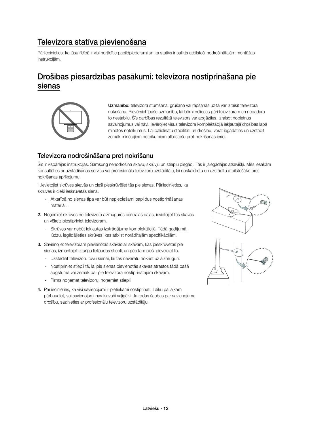 Samsung UE55J6370SUXXN, UE48J6300AWXXH manual Televizora statīva pievienošana, Televizora nodrošināšana pret nokrišanu 