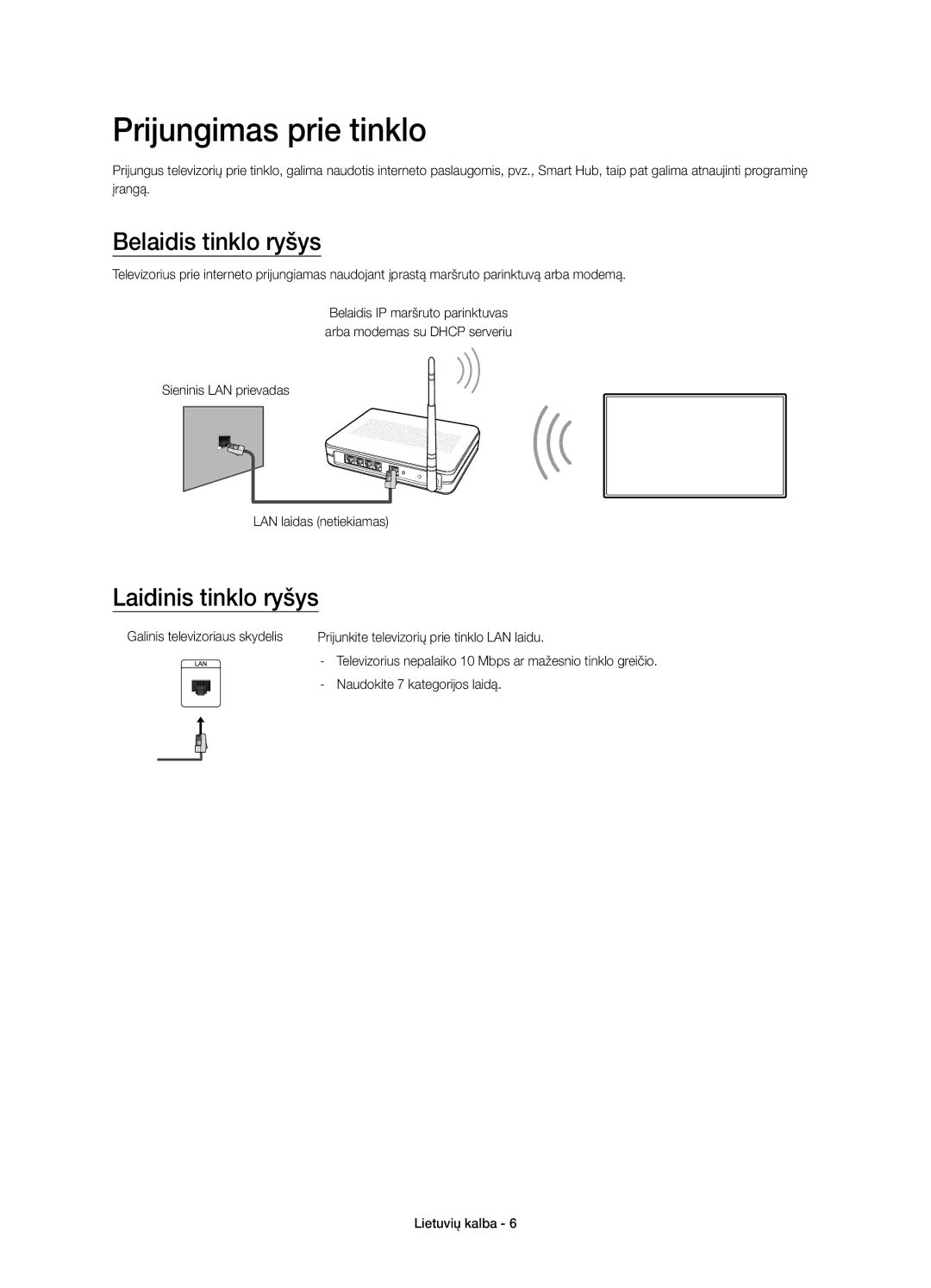 Samsung UE55J6300AWXXH, UE48J6300AWXXH manual Prijungimas prie tinklo, Belaidis tinklo ryšys, Laidinis tinklo ryšys 