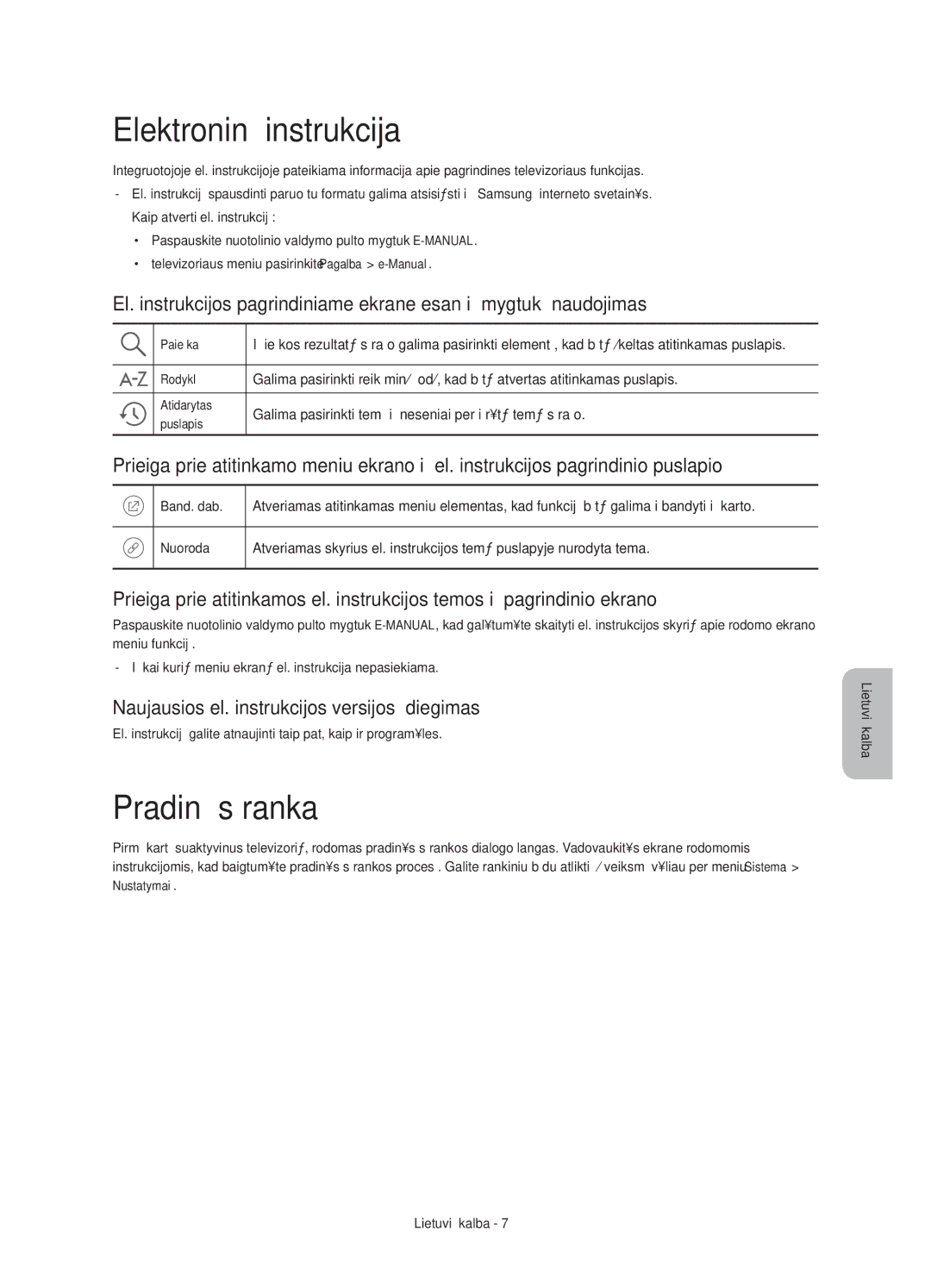 Samsung UE48J6370SUXZG manual Elektroninė instrukcija, Pradinė sąranka, Naujausios el. instrukcijos versijos įdiegimas 