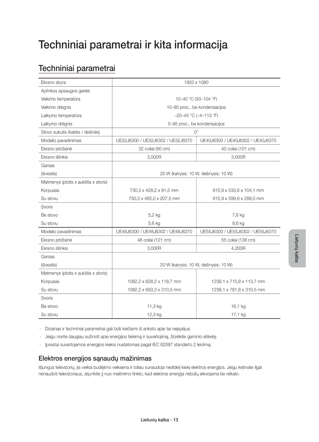 Samsung UE40J6370SUXXC, UE48J6300AWXXH Techniniai parametrai ir kita informacija, Elektros energijos sąnaudų mažinimas 