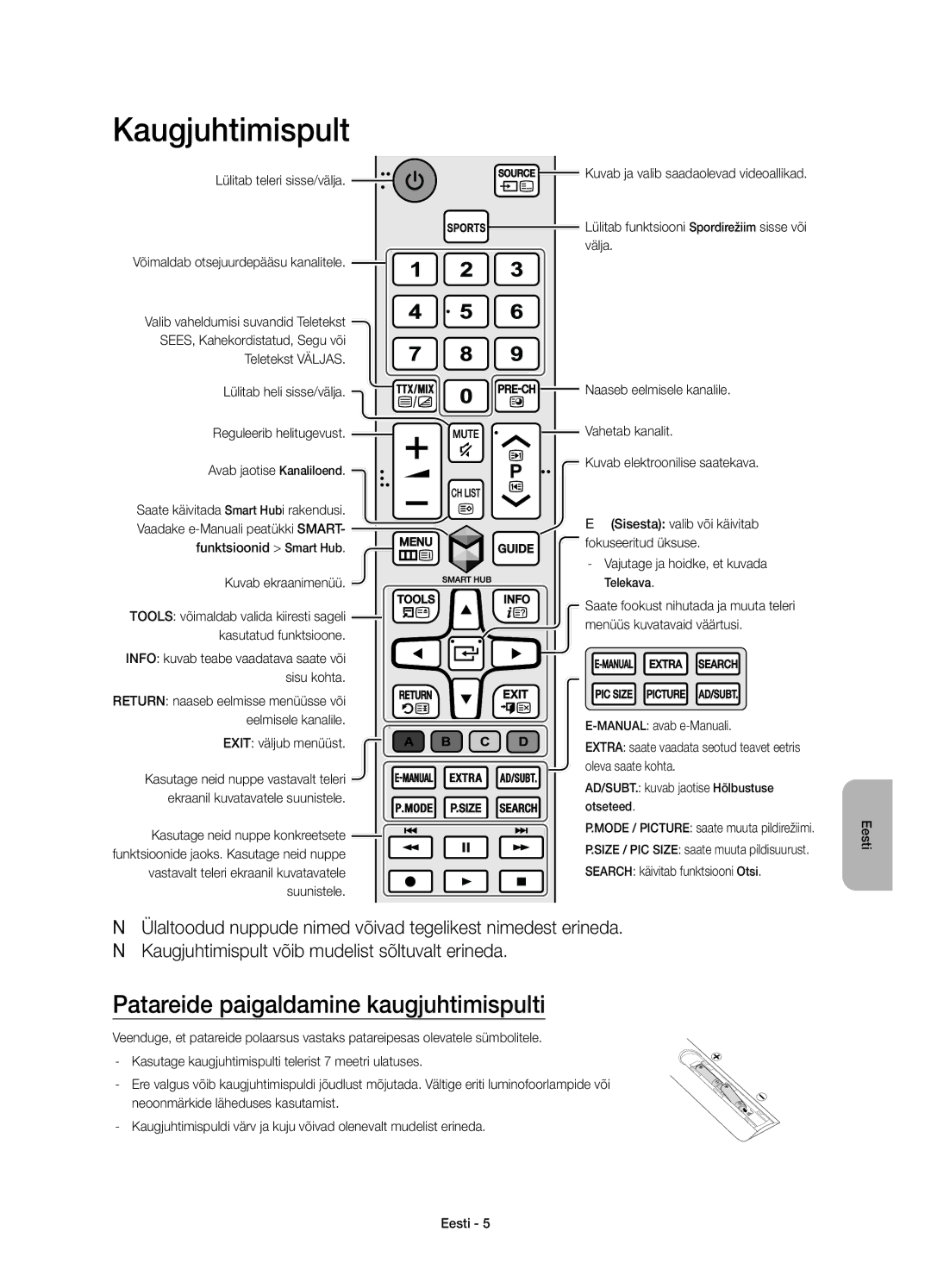 Samsung UE40J6300AWXXN manual Kaugjuhtimispult, Patareide paigaldamine kaugjuhtimispulti, Lülitab teleri sisse/välja 