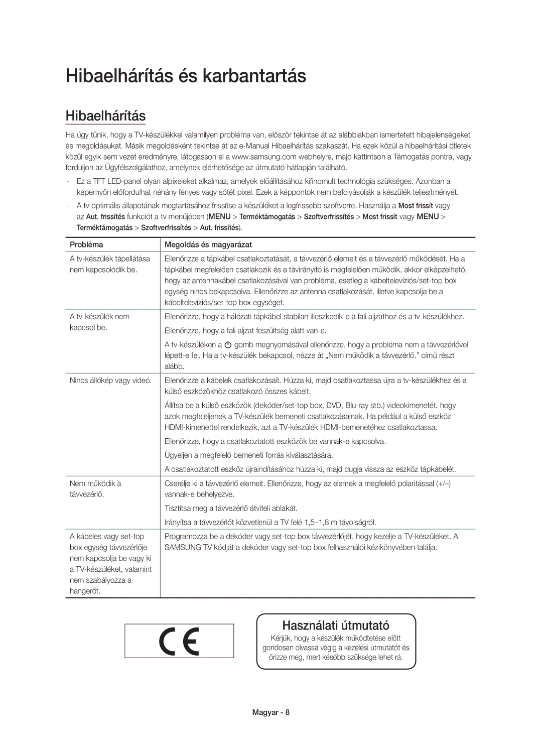 Samsung UE55J6370SUXXH, UE48J6300AWXXH, UE48J6370SUXXH, UE40J6370SUXZG, UE32J6300AWXXH manual Hibaelhárítás és karbantartás 