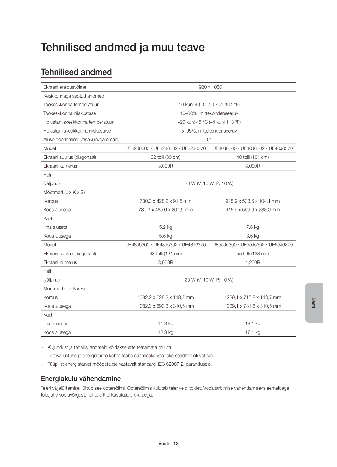 Samsung UE40J6370SUXXH, UE48J6300AWXXH, UE48J6370SUXXH manual Tehnilised andmed ja muu teave, Energiakulu vähendamine 