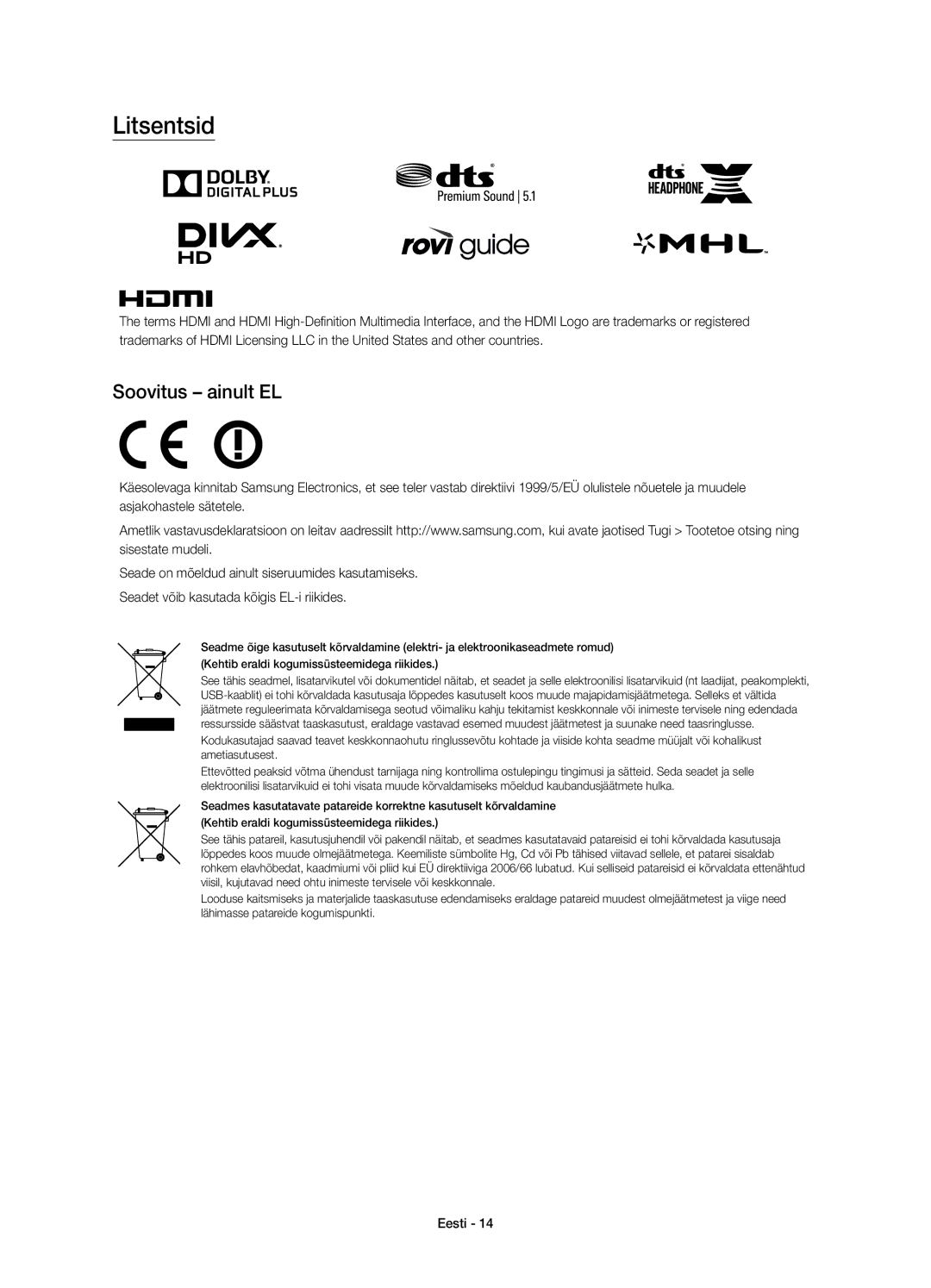 Samsung UE48J6300AWXXH, UE48J6370SUXXH, UE40J6370SUXZG, UE32J6300AWXXH, UE40J6300AWXXH manual Litsentsid, Soovitus ainult EL 