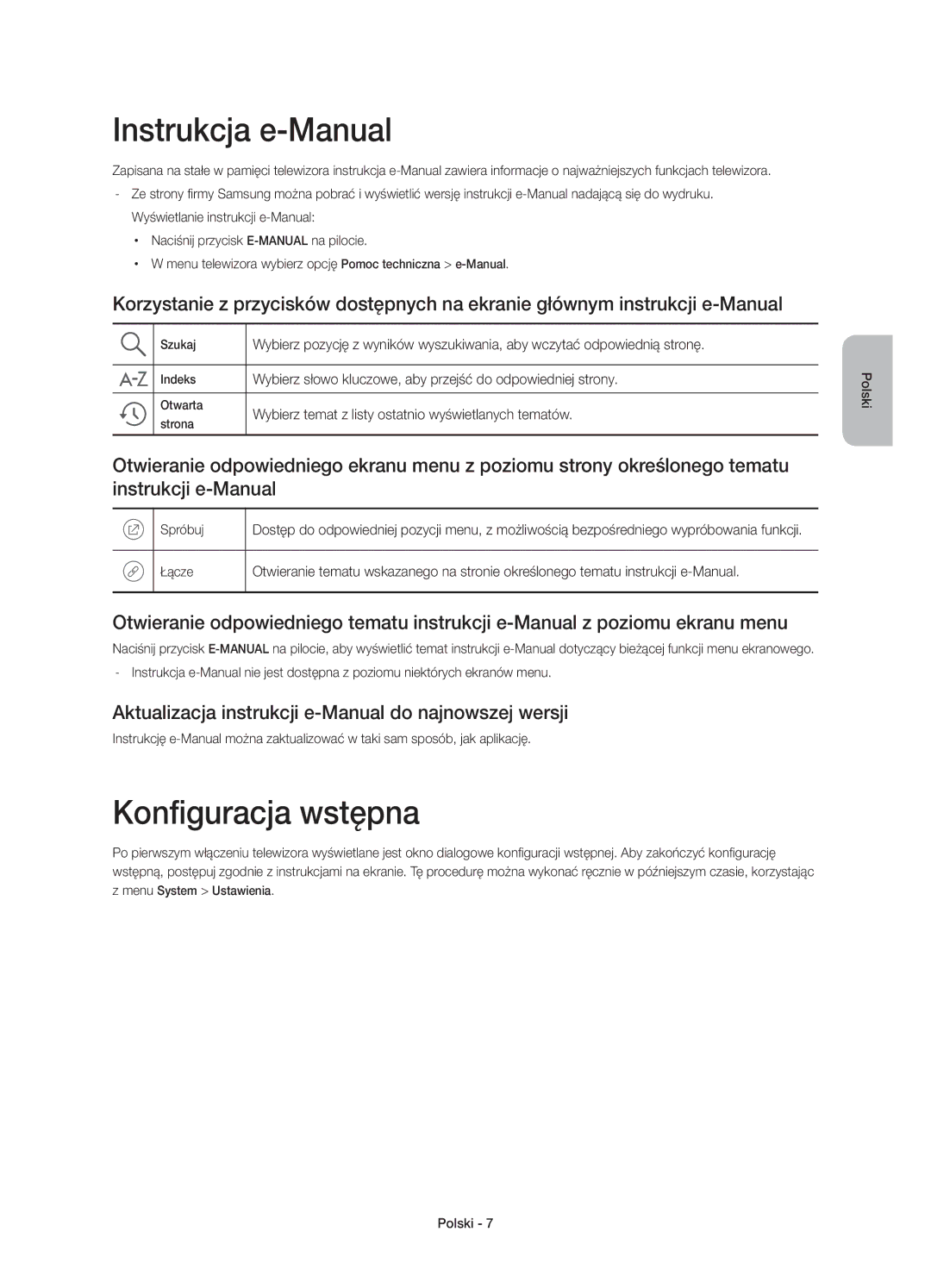 Samsung UE48J6370SUXZG Instrukcja e-Manual, Konfiguracja wstępna, Aktualizacja instrukcji e-Manual do najnowszej wersji 