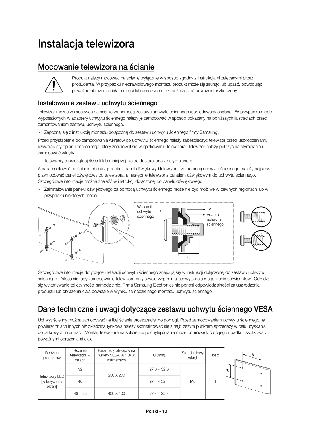 Samsung UE55J6300AWXZF Instalacja telewizora, Mocowanie telewizora na ścianie, Instalowanie zestawu uchwytu ściennego 