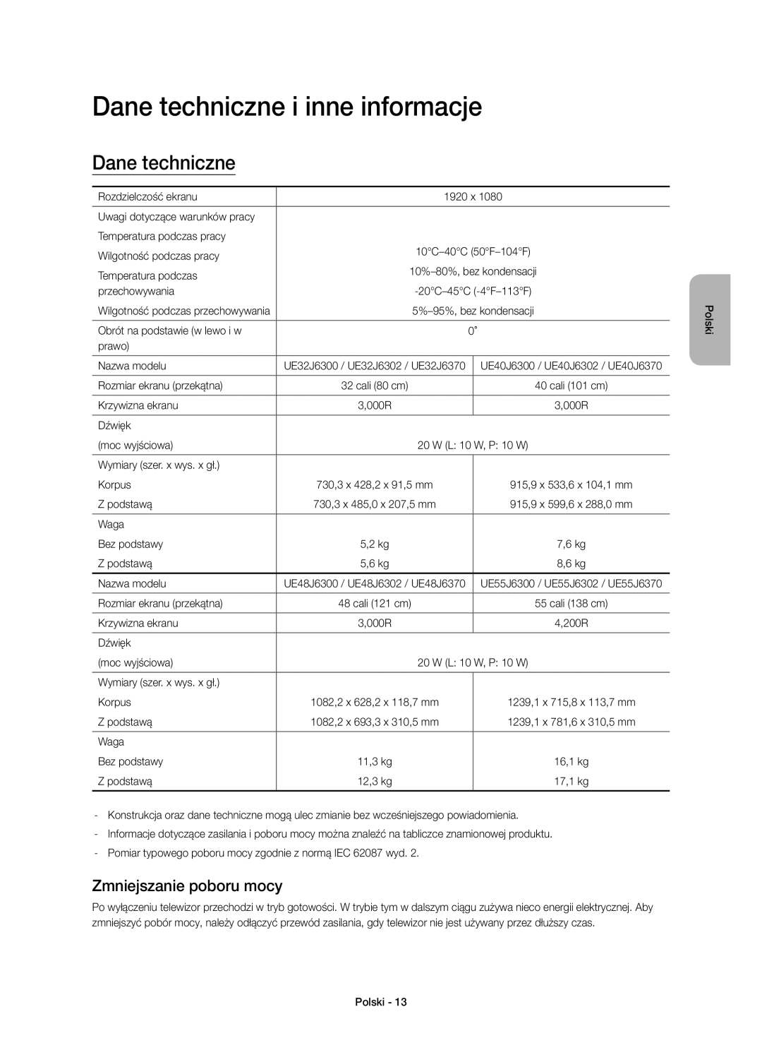 Samsung UE40J6370SUXXC, UE48J6300AWXXH, UE48J6370SUXXH manual Dane techniczne i inne informacje, Zmniejszanie poboru mocy 