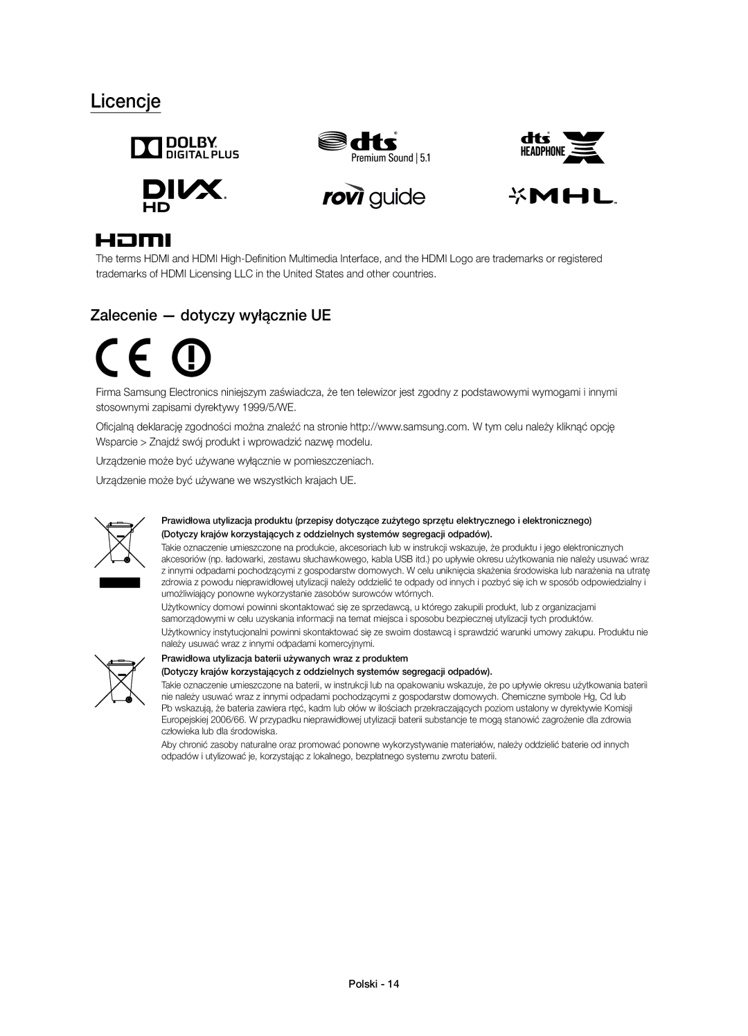 Samsung UE48J6370SUXXC, UE48J6300AWXXH, UE48J6370SUXXH, UE40J6370SUXZG manual Licencje, Zalecenie dotyczy wyłącznie UE 