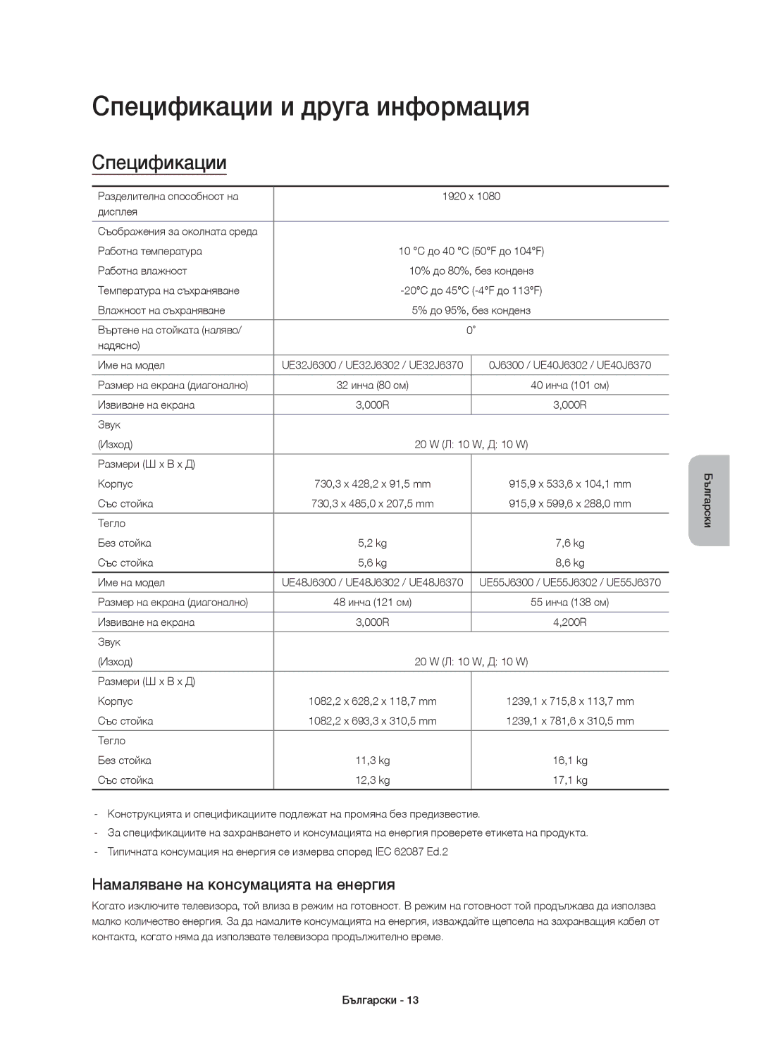 Samsung UE40J6370SUXXC, UE48J6300AWXXH manual Спецификации и друга информация, Намаляване на консумацията на енергия 