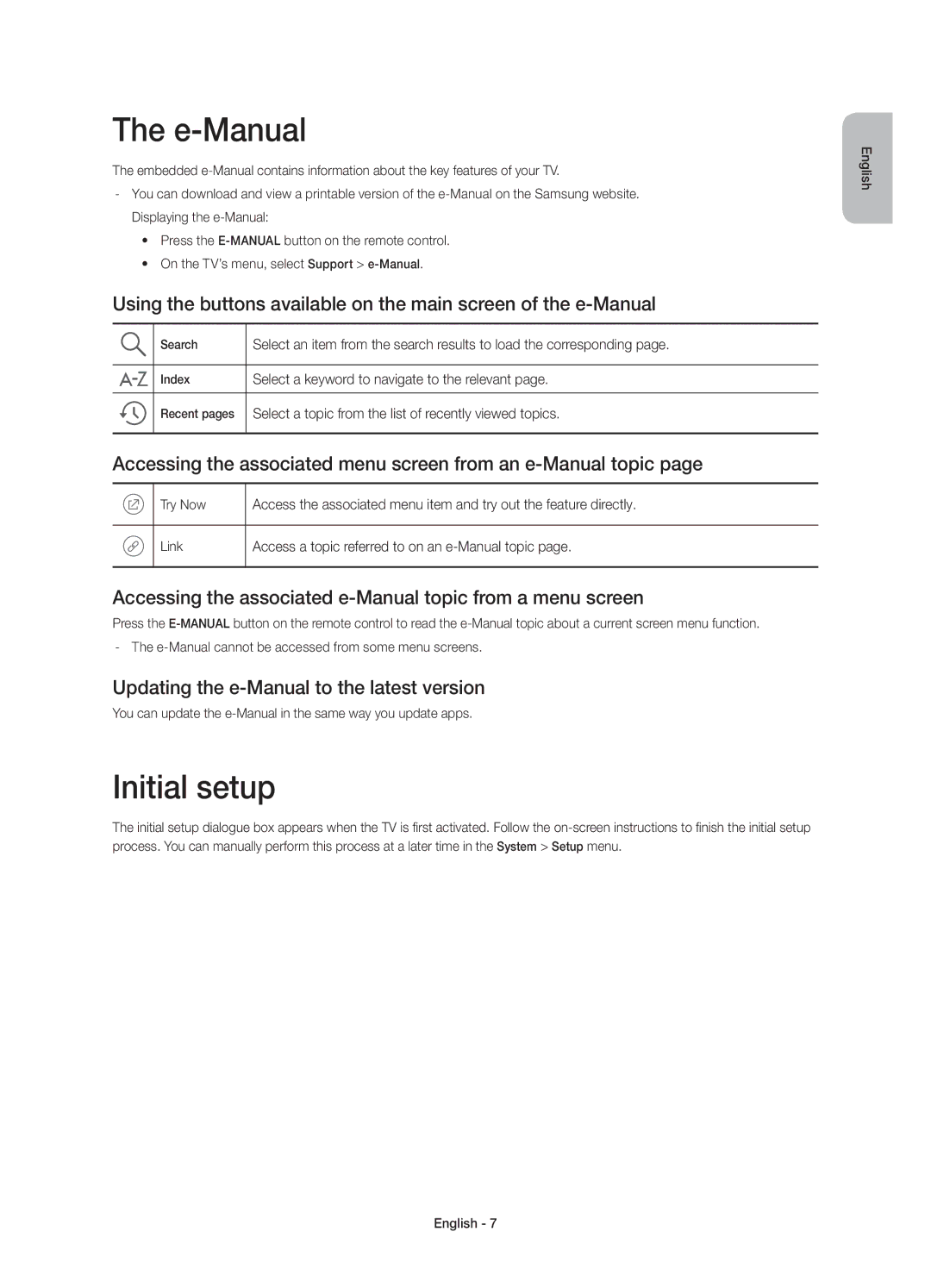 Samsung UE48J6370SUXZG manual E-Manual, Initial setup, Accessing the associated menu screen from an e-Manual topic 