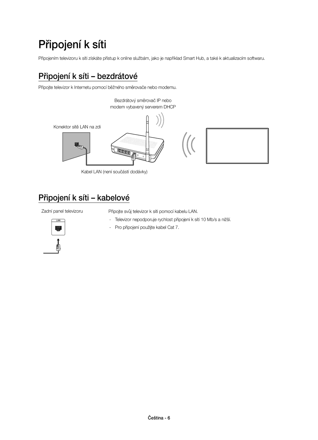 Samsung UE55J6300AWXXH manual Připojení k síti bezdrátové, Připojení k síti kabelové, Pro připojení použijte kabel Cat 