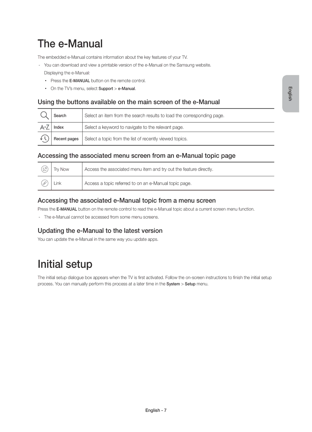 Samsung UE55J6500AUXRU manual E-Manual, Initial setup, Accessing the associated menu screen from an e-Manual topic 