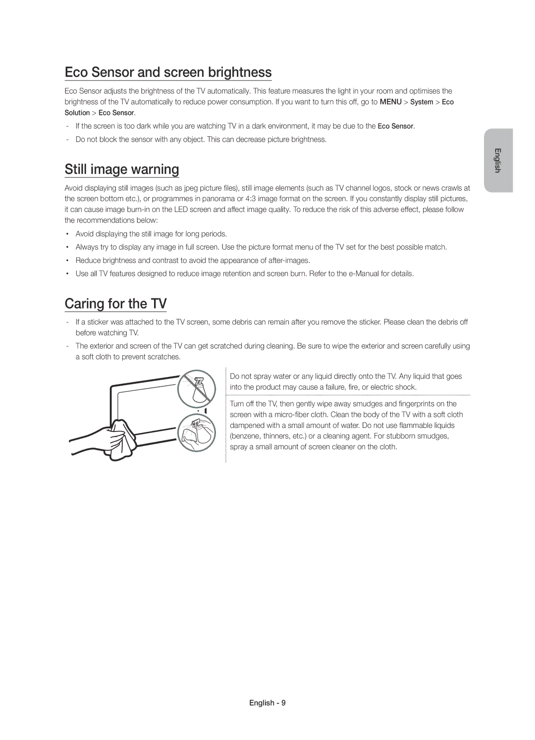 Samsung UE32J6500AUXRU, UE48J6590AUXRU manual Eco Sensor and screen brightness, Still image warning, Caring for the TV 