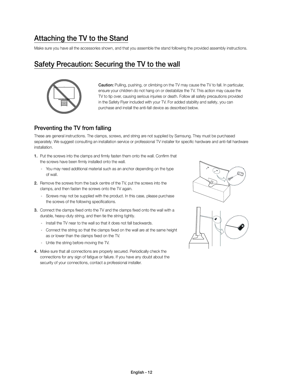 Samsung UE40J6590AUXRU, UE48J6590AUXRU manual Attaching the TV to the Stand, Safety Precaution Securing the TV to the wall 