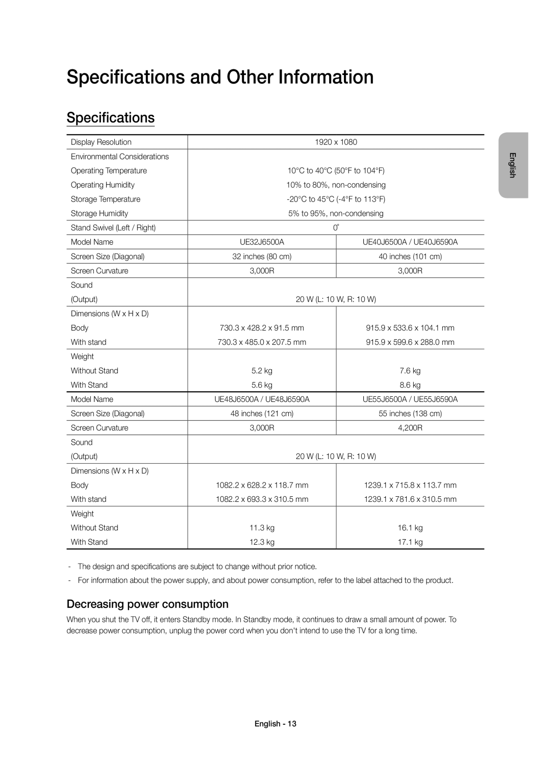 Samsung UE55J6500AUXRU, UE48J6590AUXRU, UE32J6500AUXRU Specifications and Other Information, Decreasing power consumption 