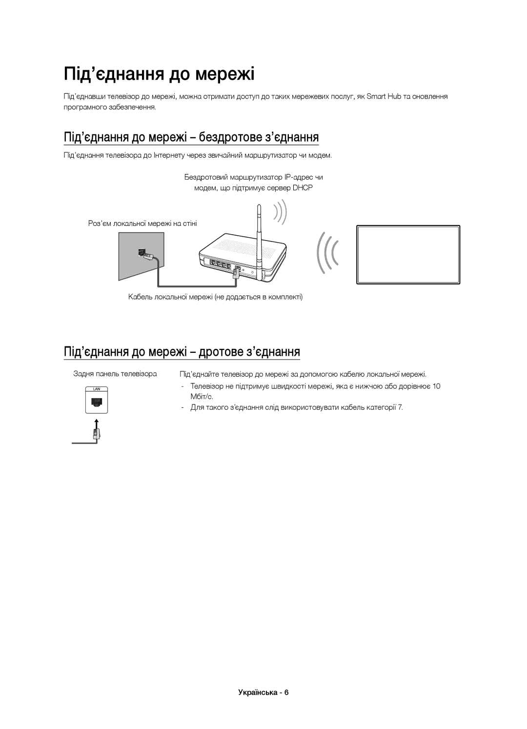 Samsung UE48J6590AUXRU manual Під’єднання до мережі бездротове з’єднання, Під’єднання до мережі дротове з’єднання 