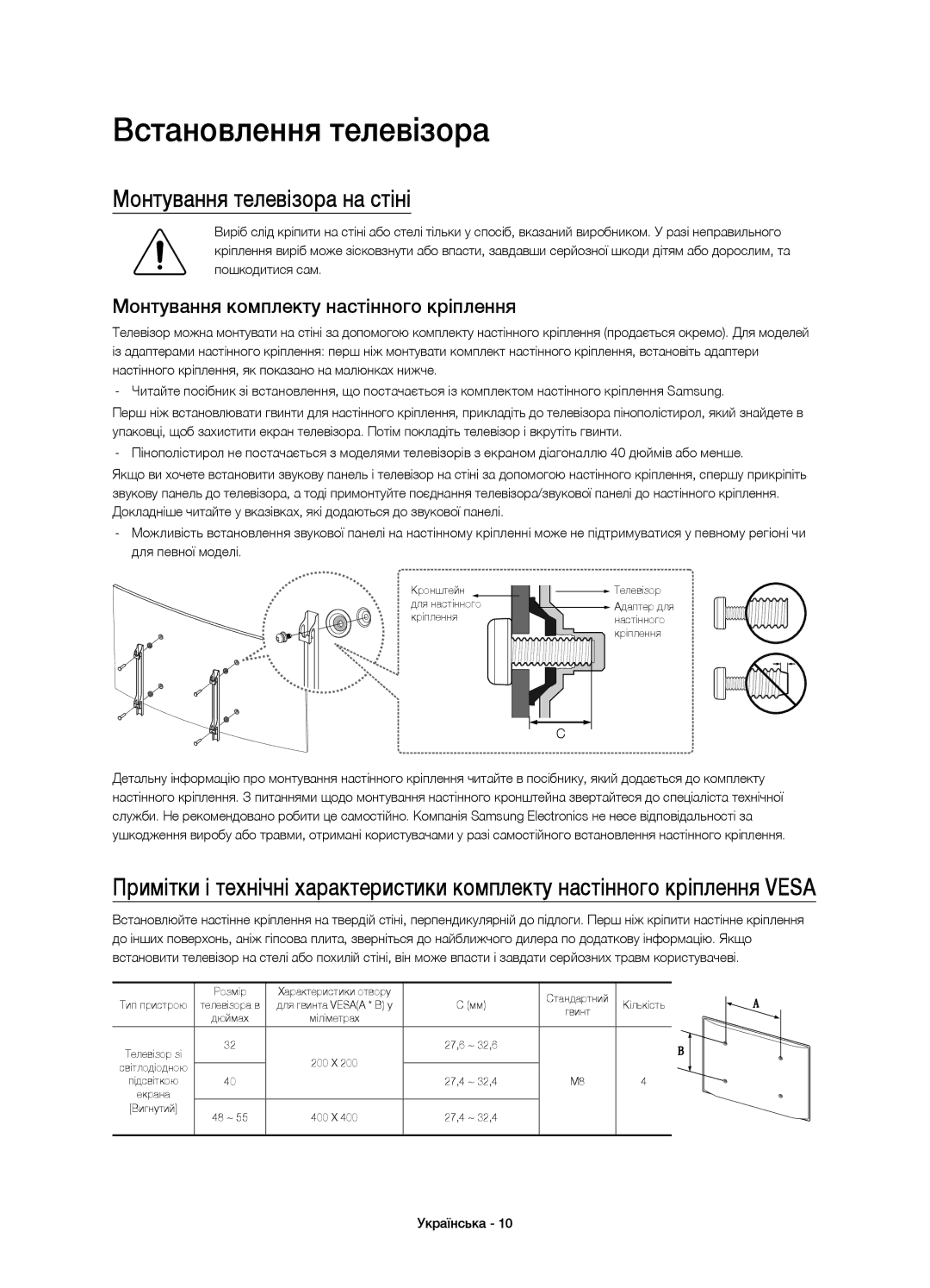 Samsung UE40J6590AUXRU Встановлення телевізора, Монтування телевізора на стіні, Монтування комплекту настінного кріплення 