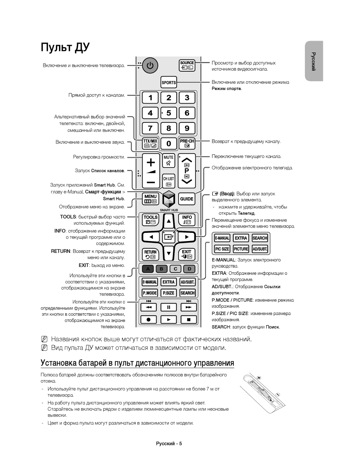 Samsung UE55J6500AUXRU, UE48J6590AUXRU, UE32J6500AUXRU manual Пульт ДУ, Установка батарей в пульт дистанционного управления 