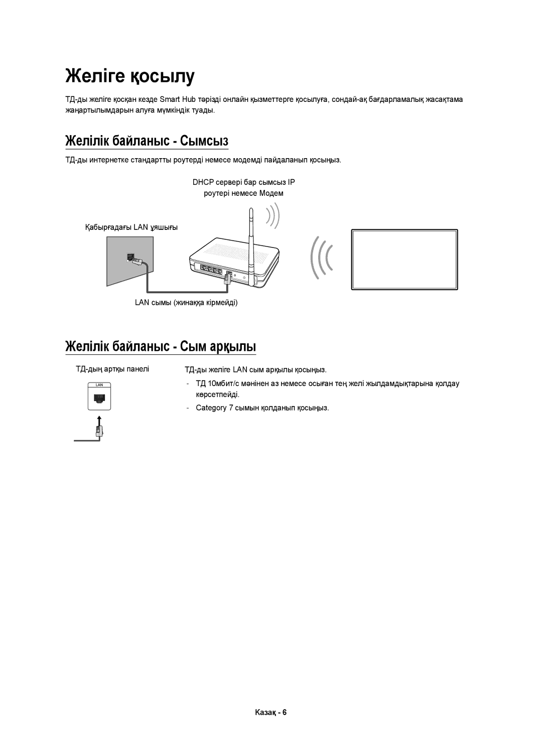 Samsung UE48J6500AUXRU, UE48J6590AUXRU, UE32J6500AUXRU Желіге қосылу, Желілік байланыс Сымсыз, Желілік байланыс Сым арқылы 