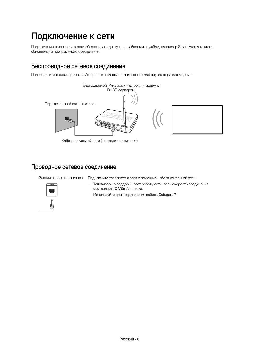 Samsung UE48J6590AUXRU, UE32J6500AUXRU Подключение к сети, Беспроводное сетевое соединение, Проводное сетевое соединение 