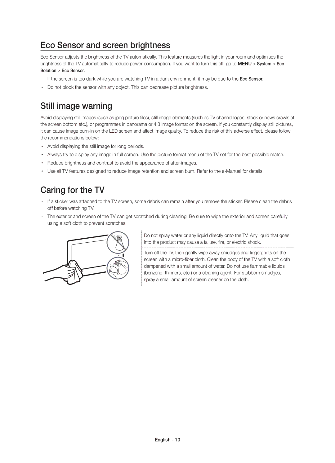 Samsung UE55JS8500LXXN, UE48JS8500LXXH manual Eco Sensor and screen brightness, Still image warning, Caring for the TV 