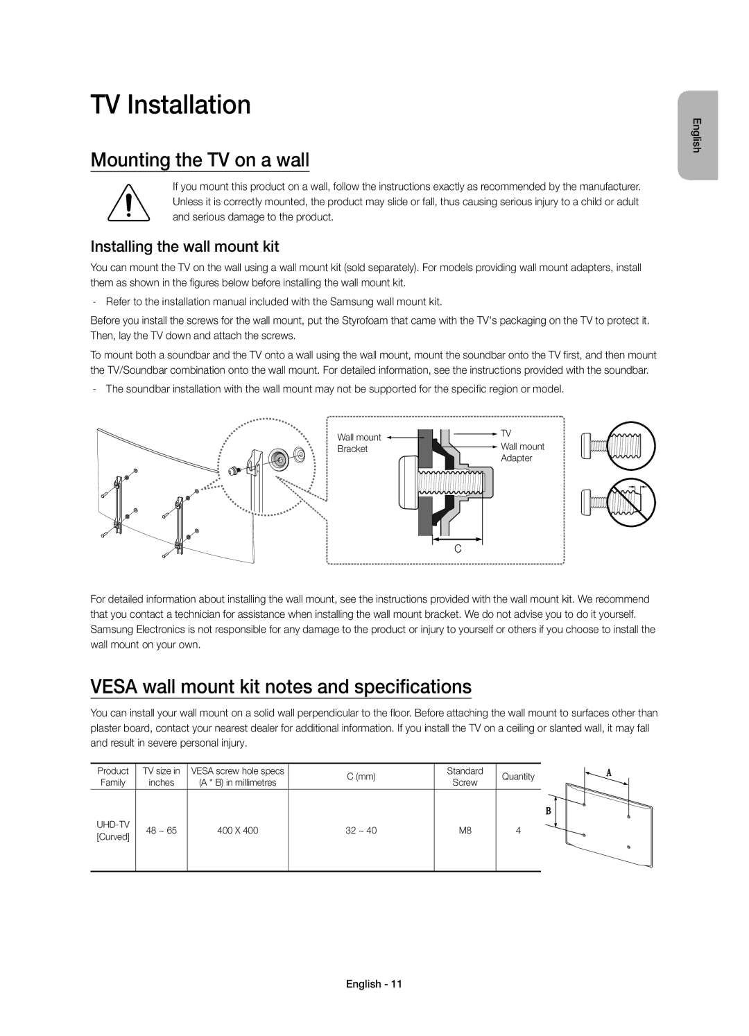 Samsung UE48JS8502TXXH manual TV Installation, Mounting the TV on a wall, Vesa wall mount kit notes and specifications 