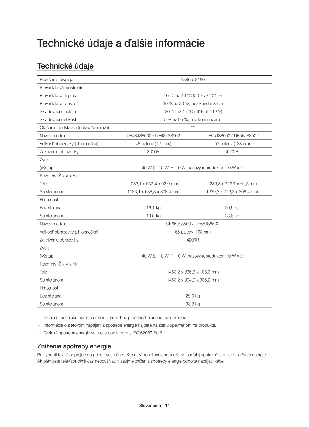 Samsung UE48JS8500LXXH, UE55JS8500LXXH, UE48JS8500LXXN manual Technické údaje a ďalšie informácie, Zníženie spotreby energie 