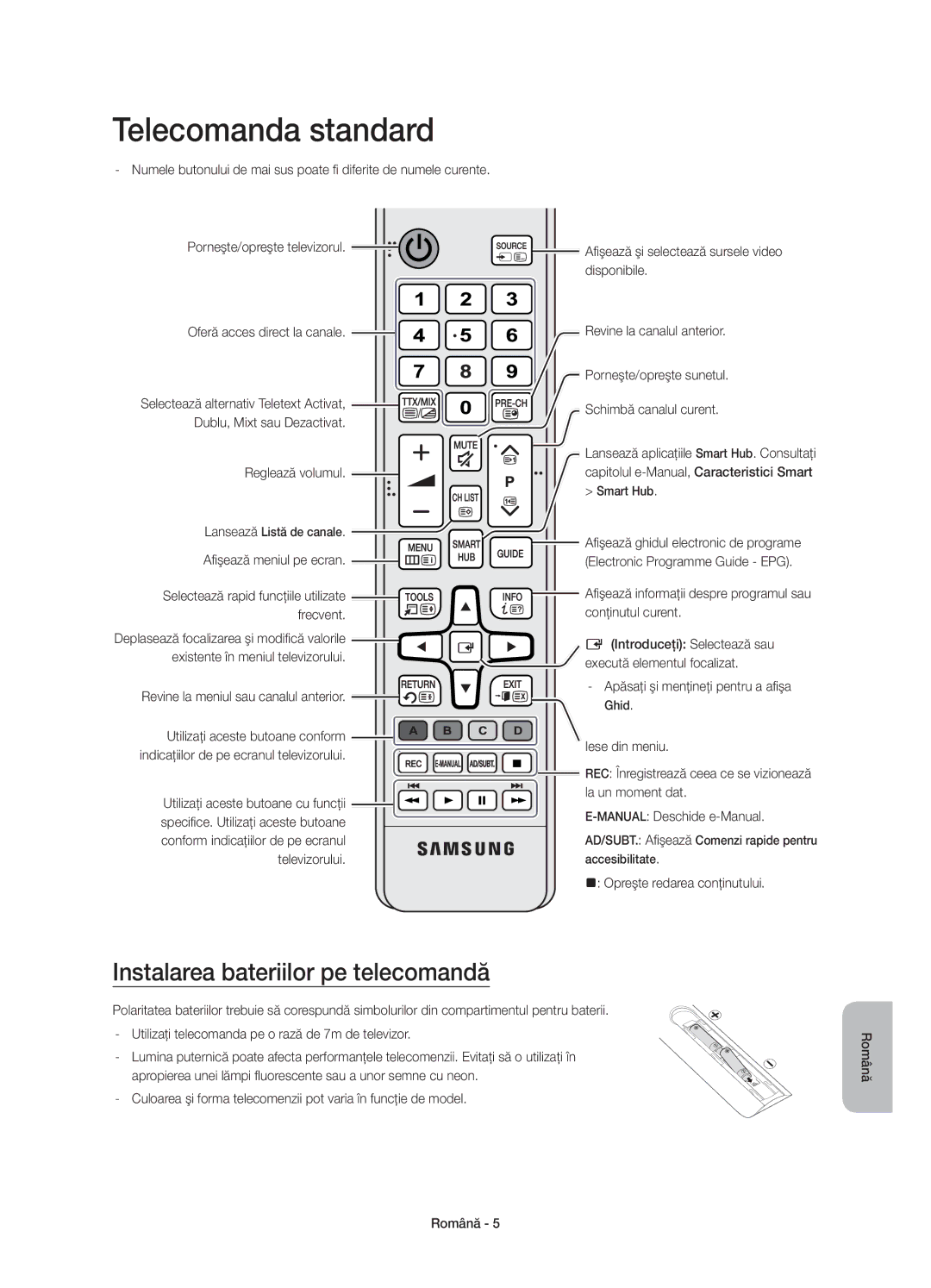 Samsung UE65JS8502TXXH, UE48JS8500LXXH, UE55JS8500LXXH manual Telecomanda standard, Instalarea bateriilor pe telecomandă 