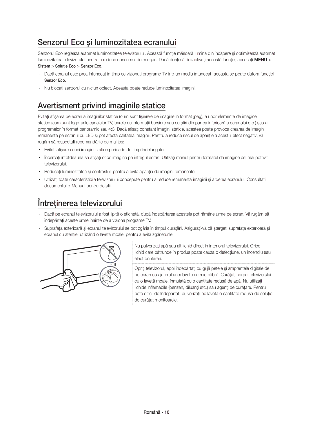 Samsung UE55JS8500LXXN, UE48JS8500LXXH manual Senzorul Eco şi luminozitatea ecranului, Avertisment privind imaginile statice 