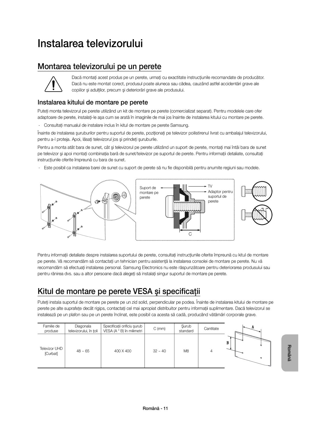 Samsung UE48JS8502TXXH, UE48JS8500LXXH, UE55JS8500LXXH manual Instalarea televizorului, Montarea televizorului pe un perete 