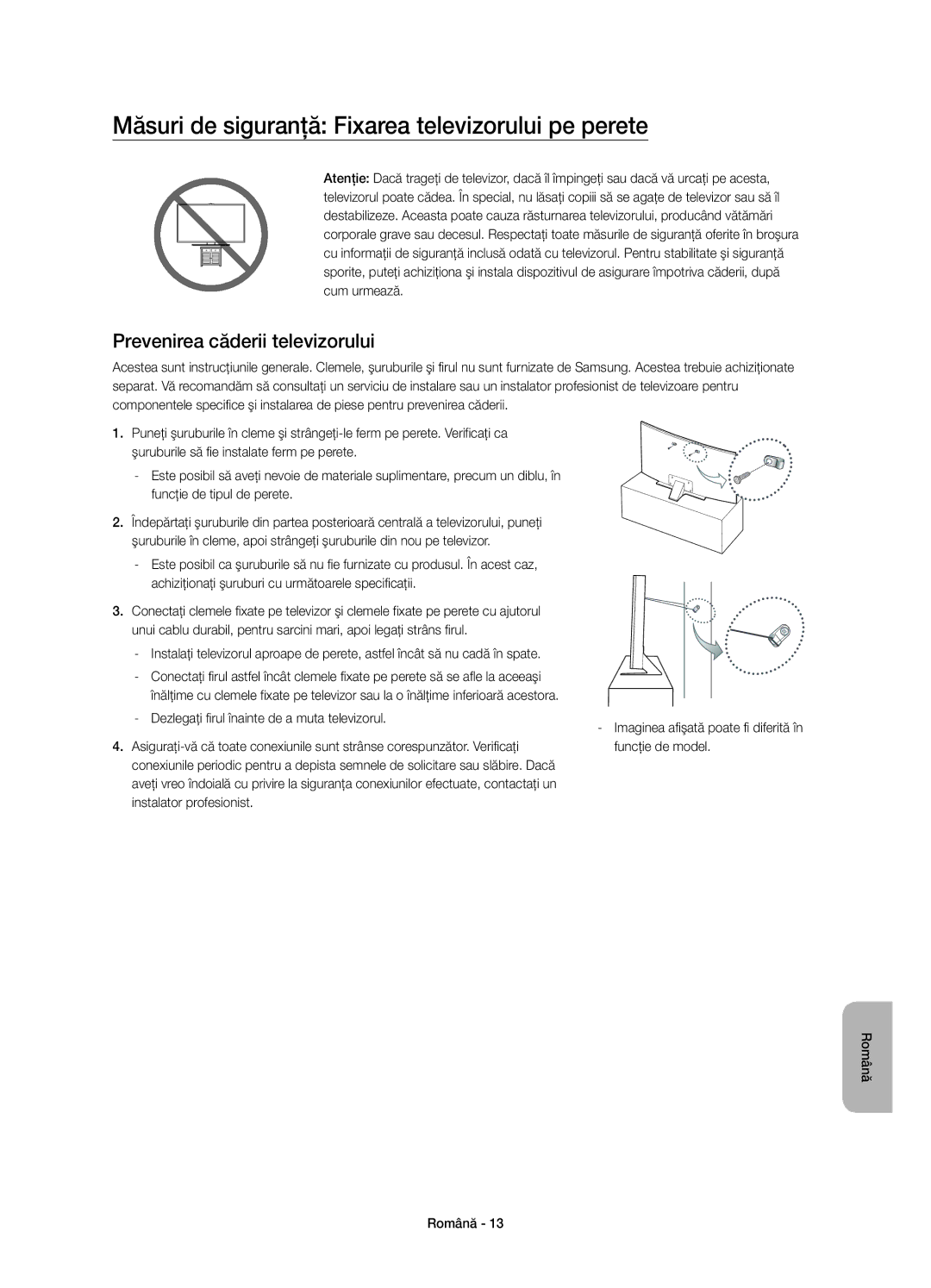 Samsung UE55JS8502TXXH manual Măsuri de siguranţă Fixarea televizorului pe perete, Prevenirea căderii televizorului 