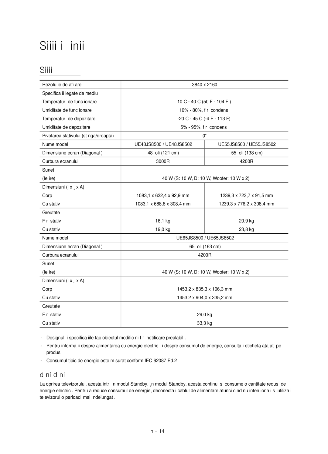 Samsung UE48JS8500LXXH, UE55JS8500LXXH, UE48JS8500LXXN Specificaţii şi alte informaţii, Reducerea consumului de energie 