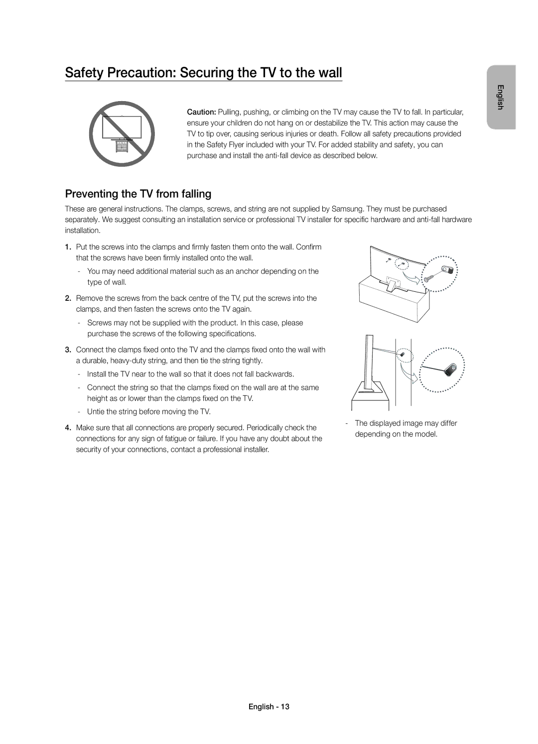 Samsung UE55JS8502TXXH, UE48JS8500LXXH manual Safety Precaution Securing the TV to the wall, Preventing the TV from falling 