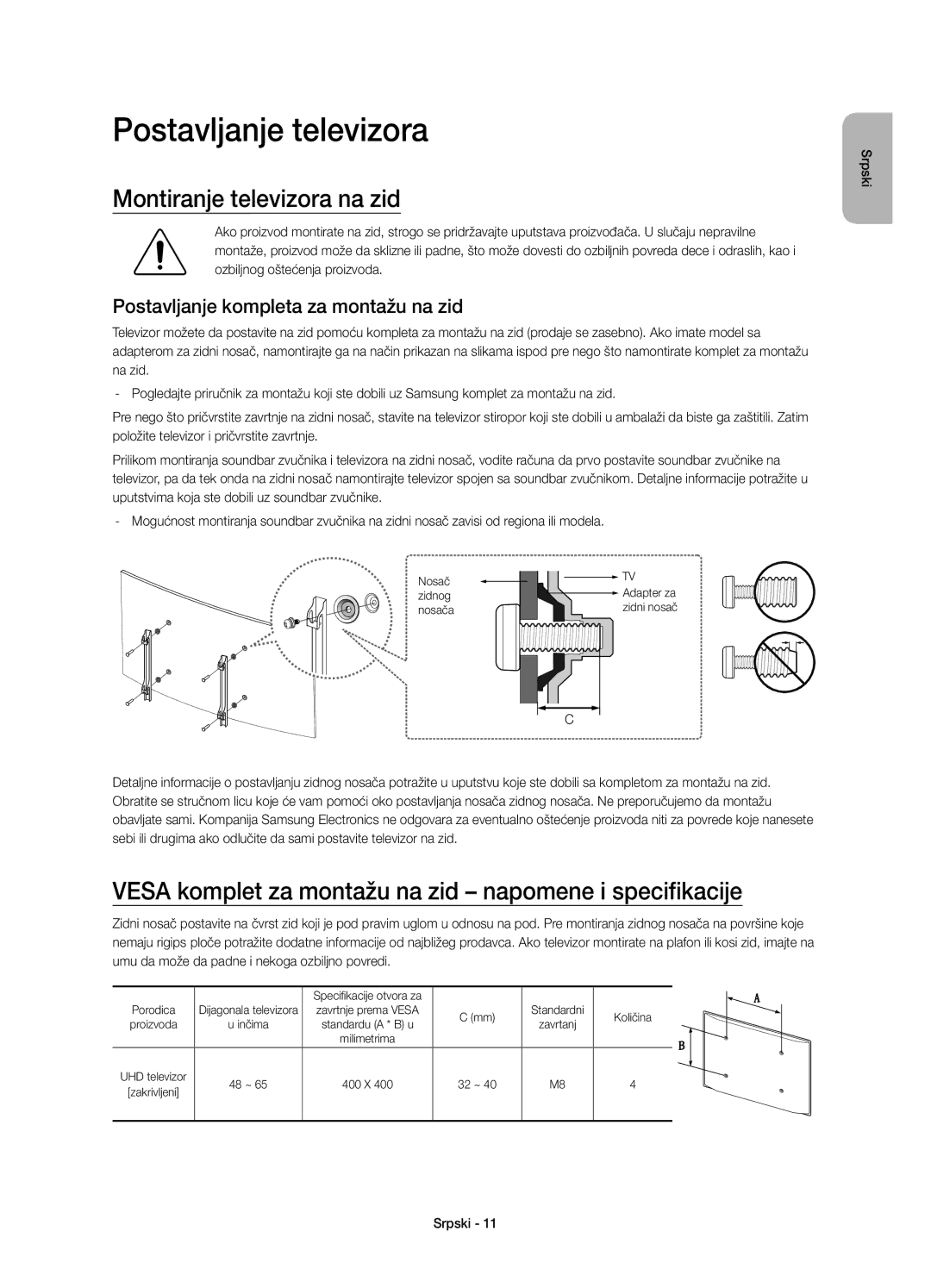 Samsung UE48JS8502TXXH manual Montiranje televizora na zid, Vesa komplet za montažu na zid napomene i specifikacije 