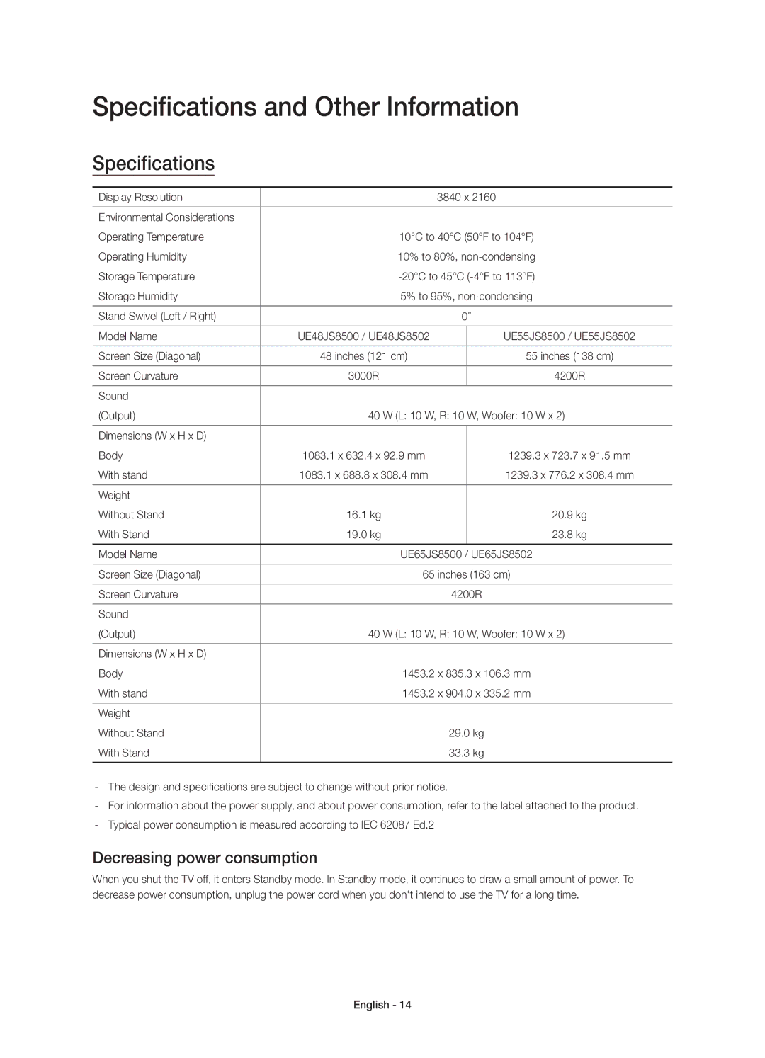 Samsung UE48JS8500LXXH, UE55JS8500LXXH, UE48JS8500LXXN Specifications and Other Information, Decreasing power consumption 