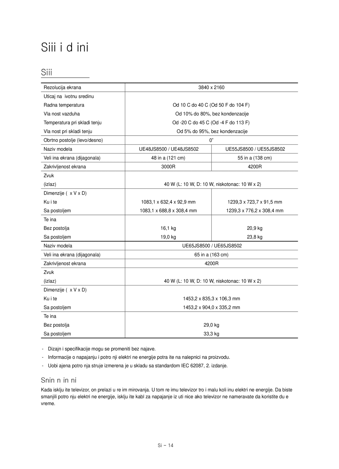 Samsung UE48JS8500LXXH, UE55JS8500LXXH manual Specifikacije i druge informacije, Smanjivanje potrošnje električne energije 