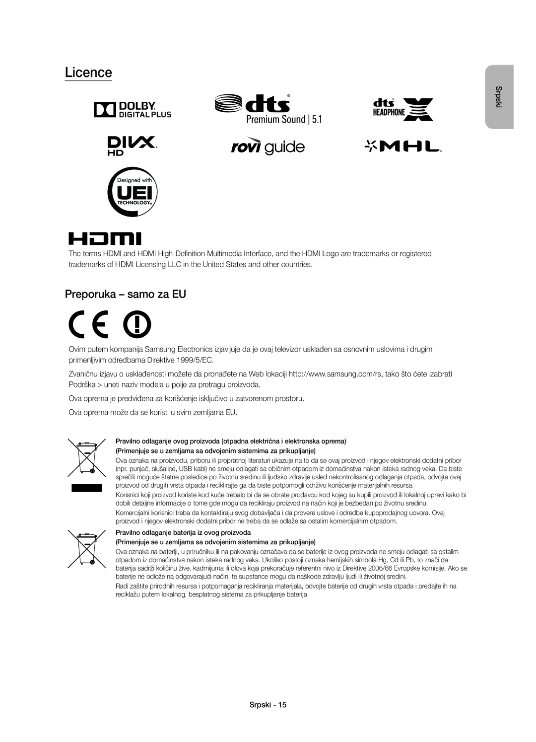 Samsung UE55JS8500LXXH, UE48JS8500LXXH, UE48JS8500LXXN, UE55JS8500LXXN, UE48JS8502TXXH, UE65JS8502TXXH, UE55JS8502TXXH Licence 