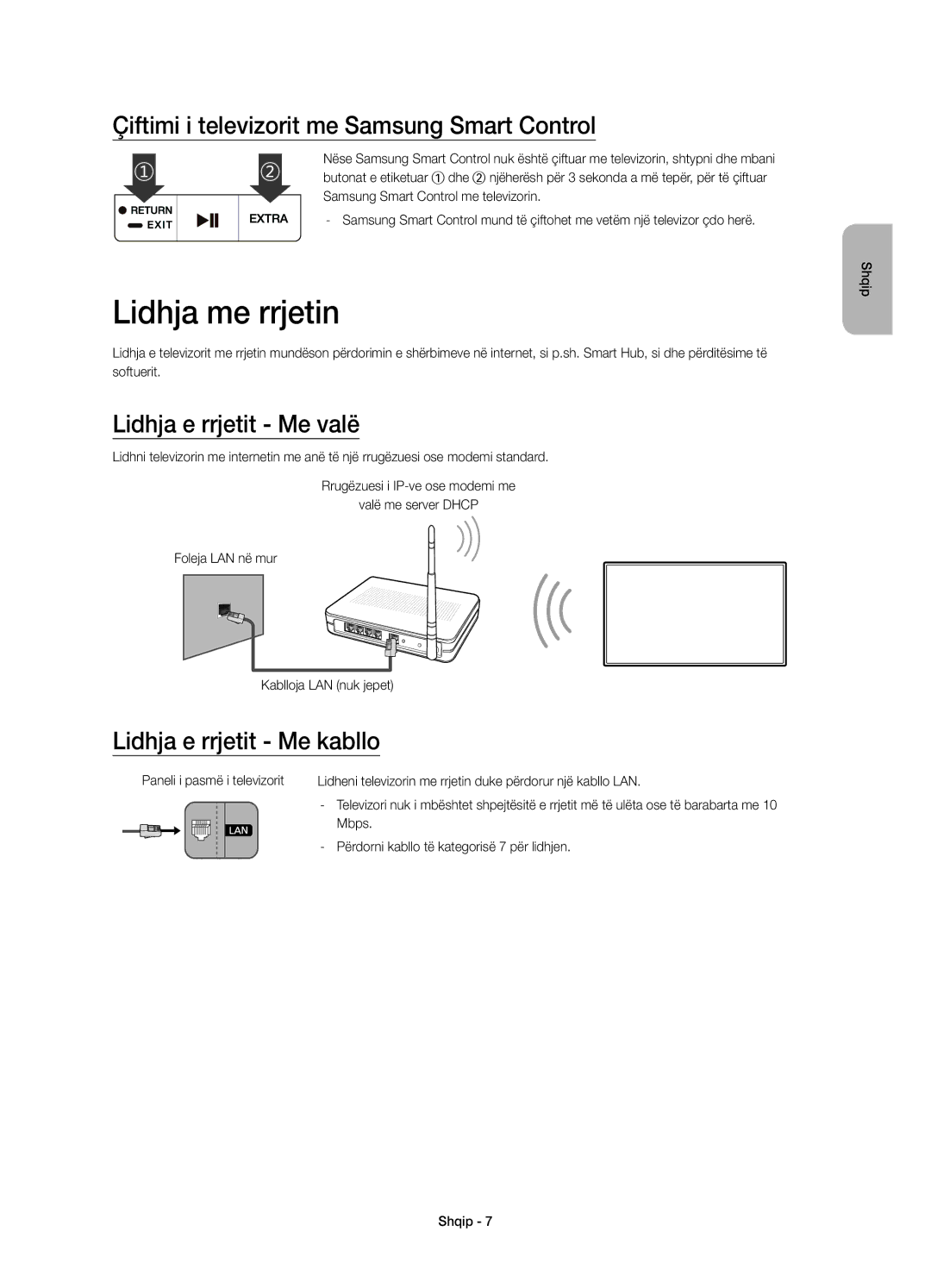 Samsung UE48JS8500LXXH manual Lidhja me rrjetin, Çiftimi i televizorit me Samsung Smart Control, Lidhja e rrjetit Me valë 