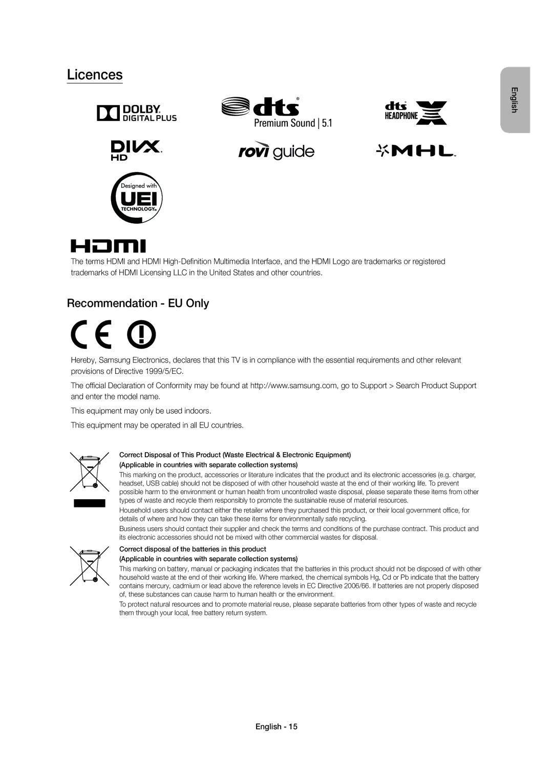 Samsung UE55JS8500LXXH, UE48JS8500LXXH, UE48JS8500LXXN, UE55JS8500LXXN, UE48JS8502TXXH manual Licences, Recommendation EU Only 