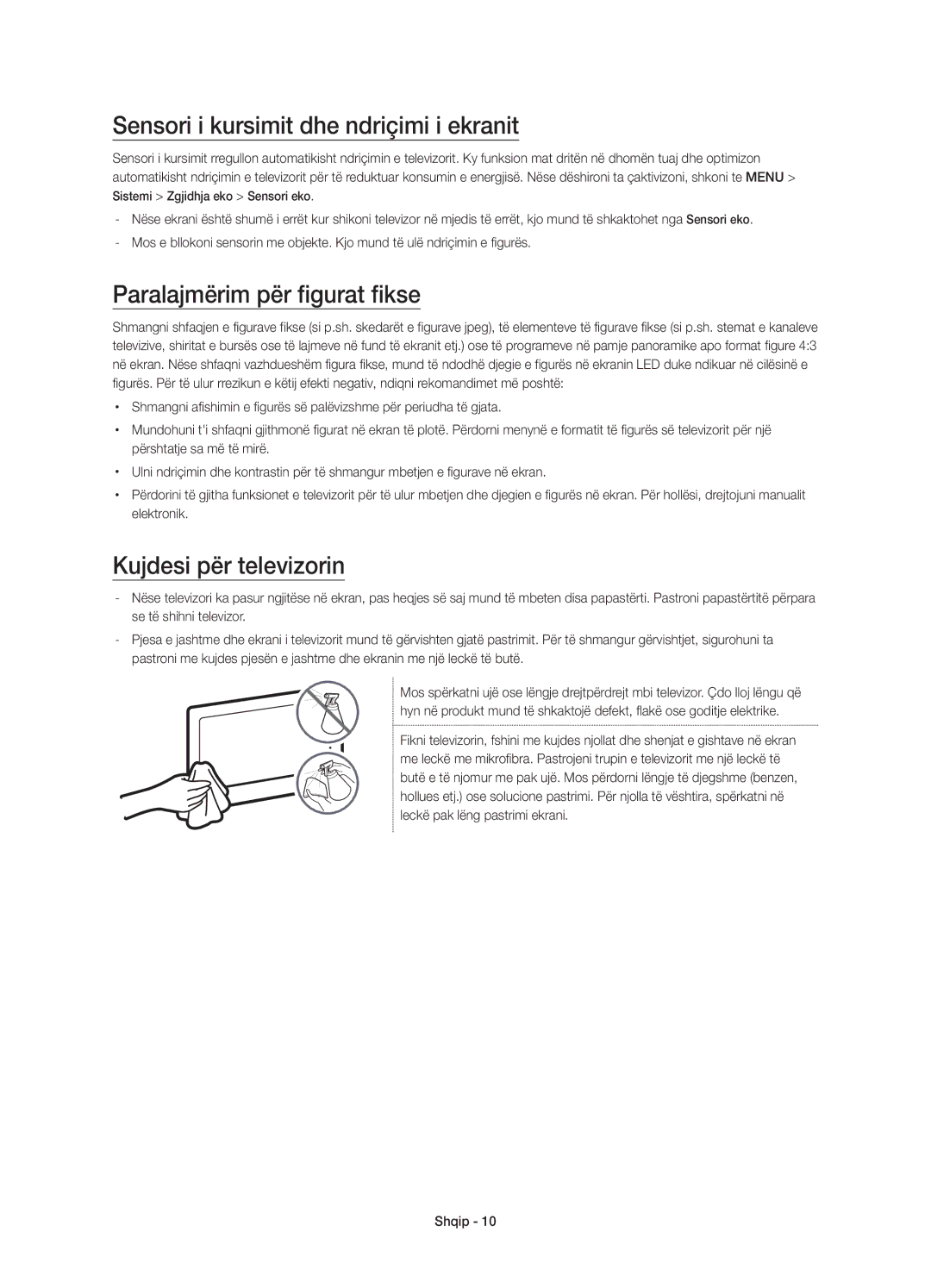 Samsung UE55JS8500LXXN Sensori i kursimit dhe ndriçimi i ekranit, Paralajmërim për figurat fikse, Kujdesi për televizorin 