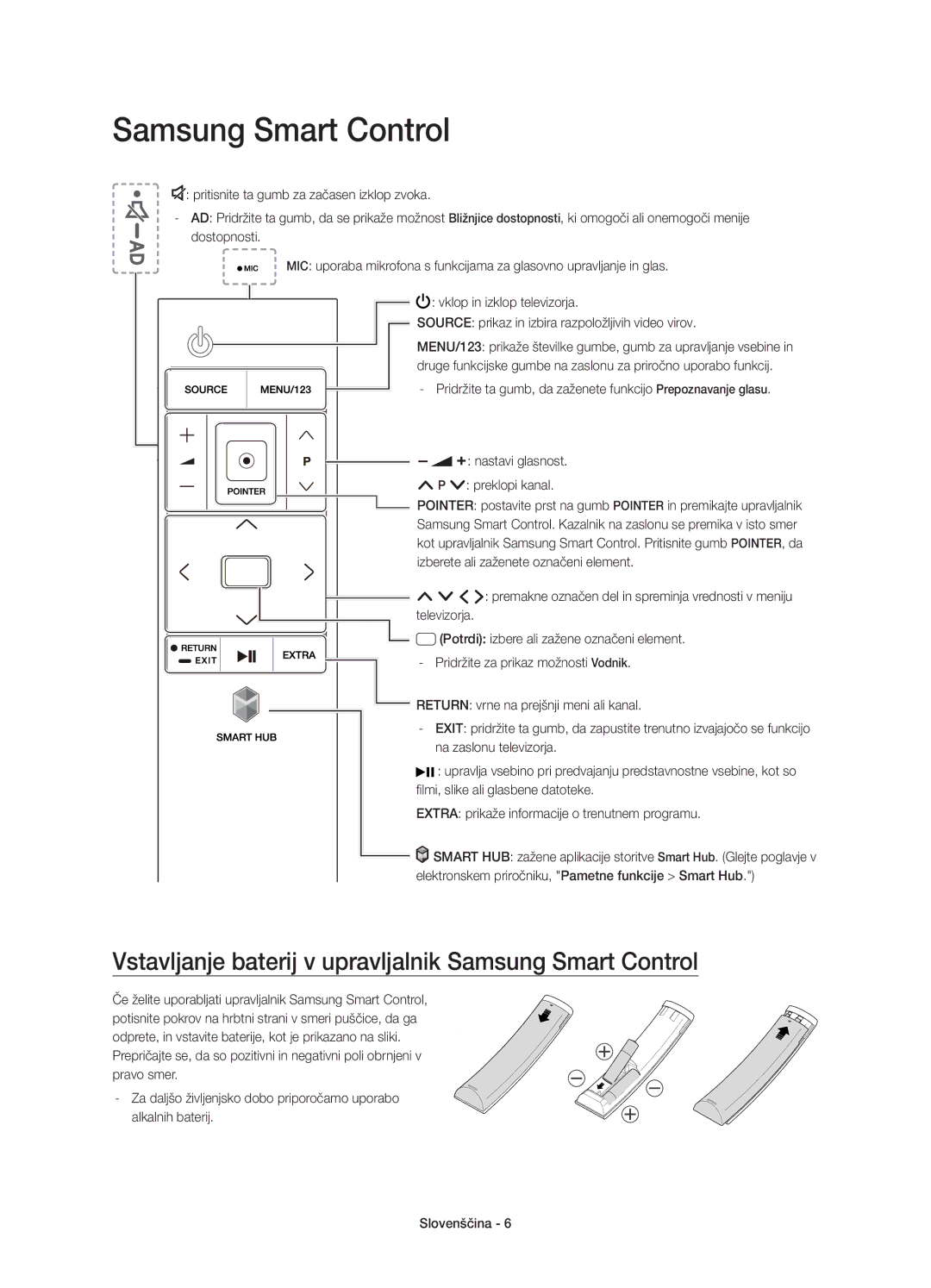 Samsung UE55JS8502TXXH, UE48JS8500LXXH, UE55JS8500LXXH manual Vstavljanje baterij v upravljalnik Samsung Smart Control 