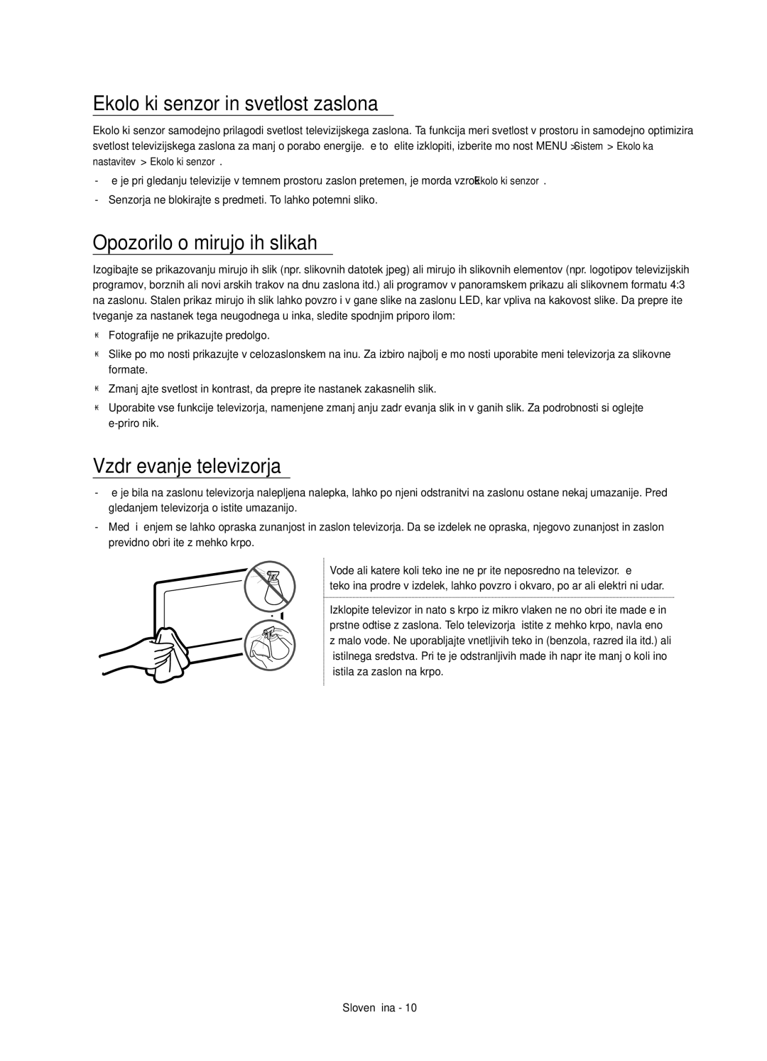 Samsung UE55JS8500LXXN manual Ekološki senzor in svetlost zaslona, Opozorilo o mirujočih slikah, Vzdrževanje televizorja 