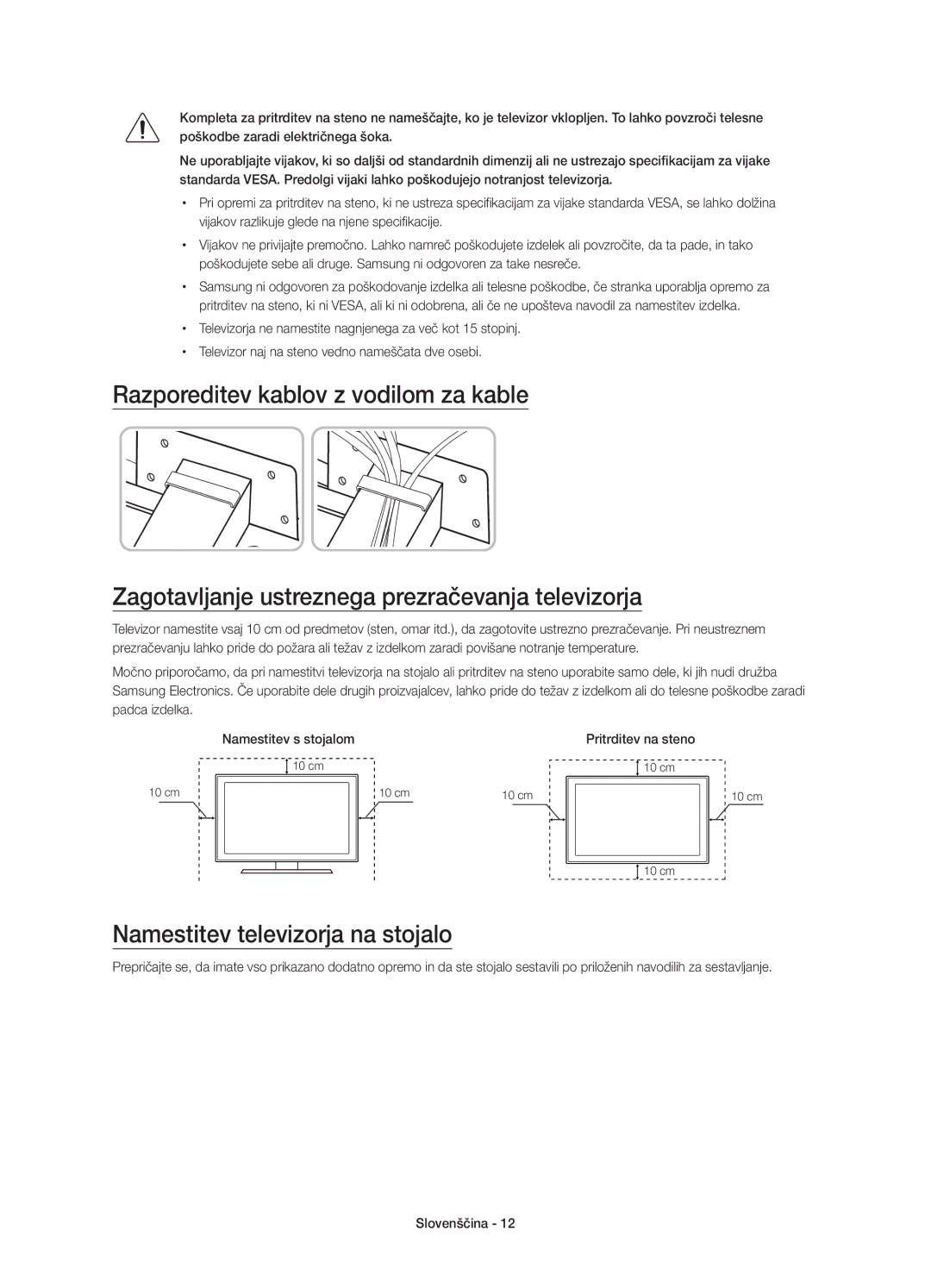 Samsung UE65JS8502TXXH, UE48JS8500LXXH, UE55JS8500LXXH manual Namestitev televizorja na stojalo, Pritrditev na steno 