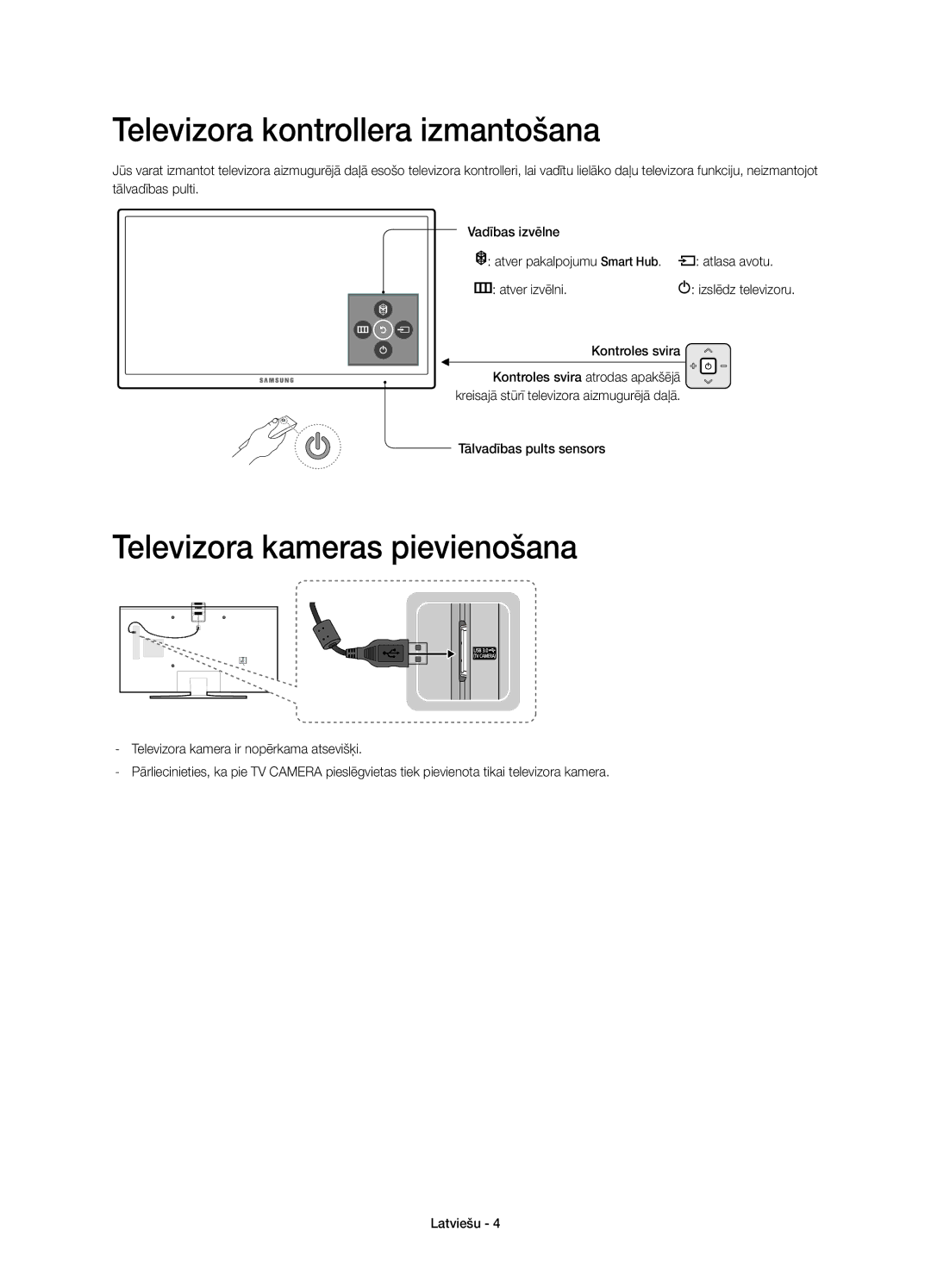 Samsung UE48JS8502TXXH manual Televizora kontrollera izmantošana, Televizora kameras pievienošana, Tālvadības pults sensors 