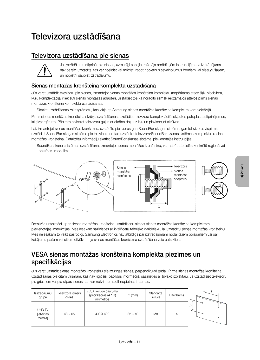 Samsung UE48JS8502TXXH manual Televizora uzstādīšana pie sienas, Sienas montāžas kronšteina komplekta uzstādīšana 